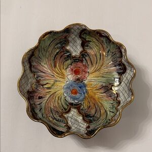 ITALY BOWL COMPOTE FOOTED CANDY DISH RUFFLED GOLD RIM MULTI FLORAL HANDMADE MCM